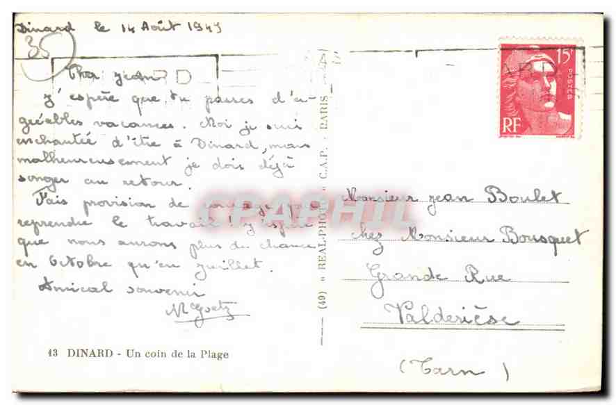 CPA Dinard Un Coin de la Plage  — Rückseite