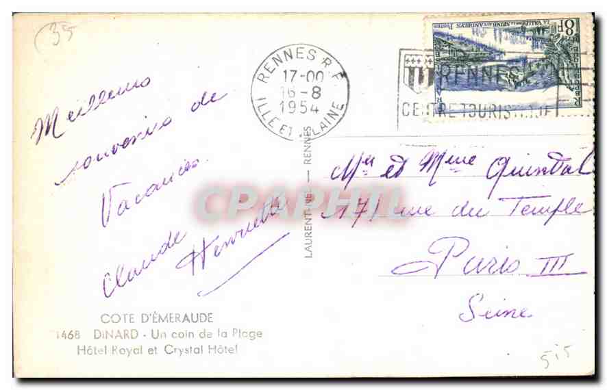 CPA Cote d'Emeraude Dinard Un Coin de la Plage Hotel Royal et Crystal Hotel  — Rückseite