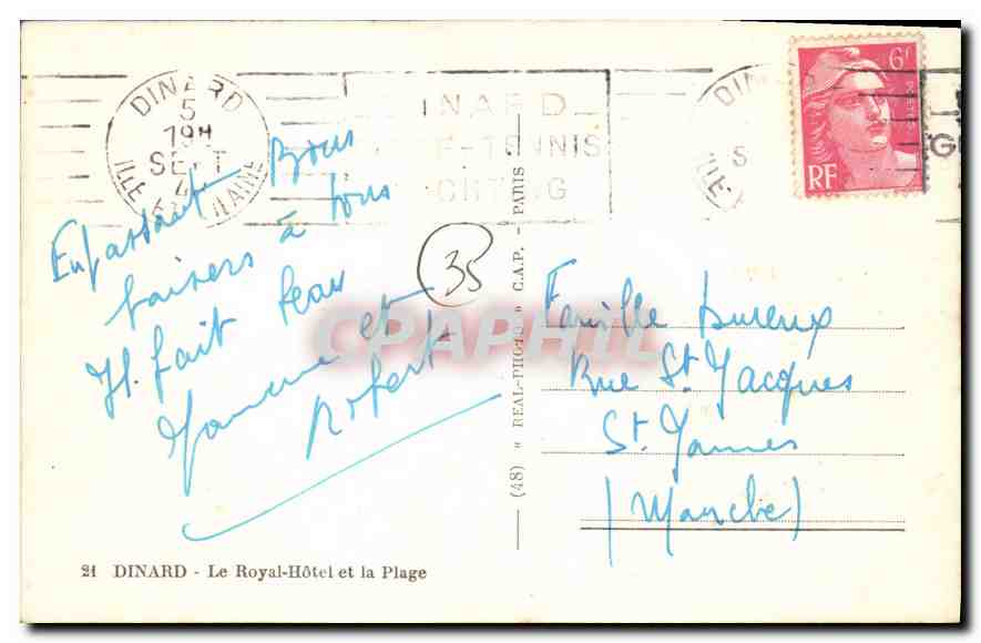 CPA Dinard Le Royal Hotel et la Plage  — Verso