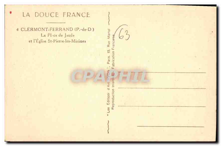 CPA Clermont Ferrand P de D la place de Jaude et l'eglise St Pierre les Minimes  — Rückseite