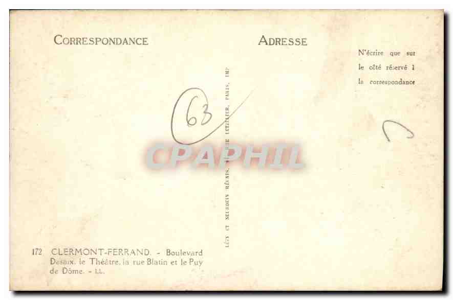 Clermont-Ferrand — rue Blatin et le Puy de Dôme — éditeur Lévy et Xelignin-Rams, n°172 — Verso