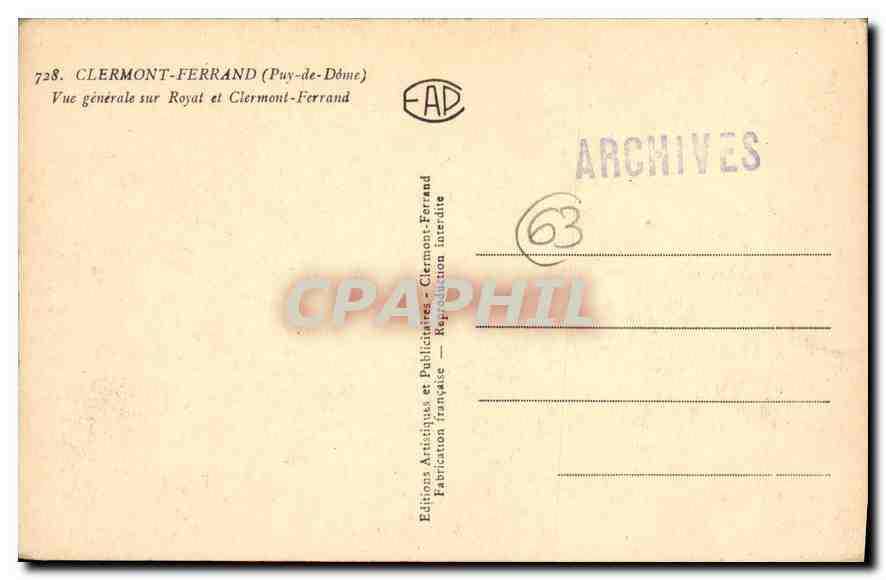 CPA Clermont Ferrand P de D Vue generale sur Royat et Clermont Ferrand  — Rückseite