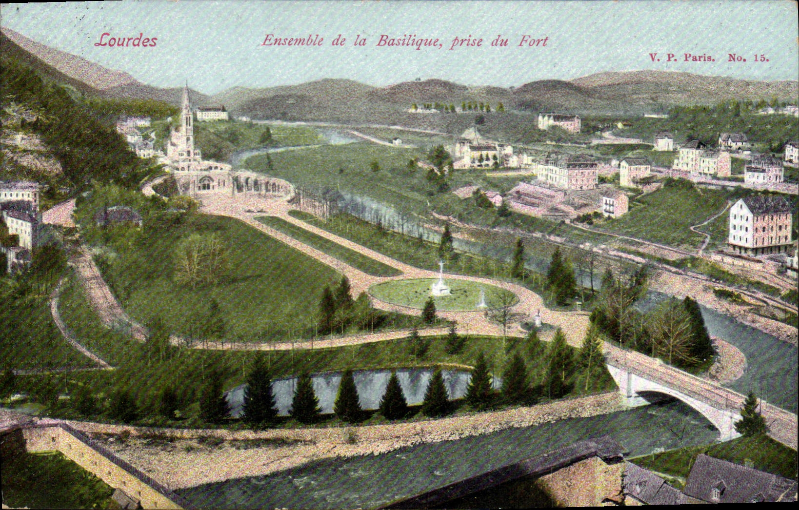 Lourdes — Ensemble de la Basilique, prise du Fort — V. P. Paris. No. 15.