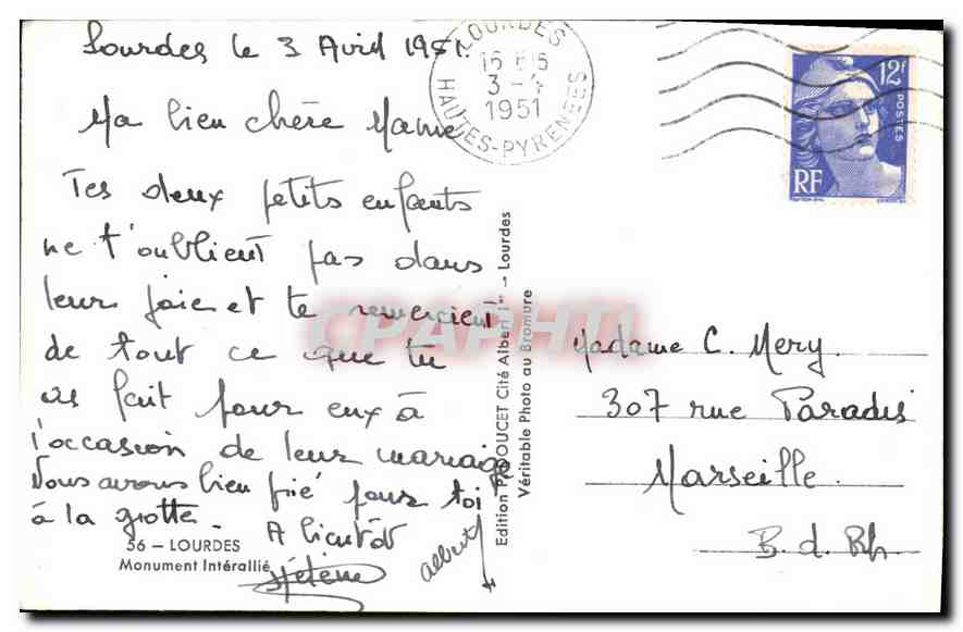 CPA Lourdes Monument Interallie  — Verso