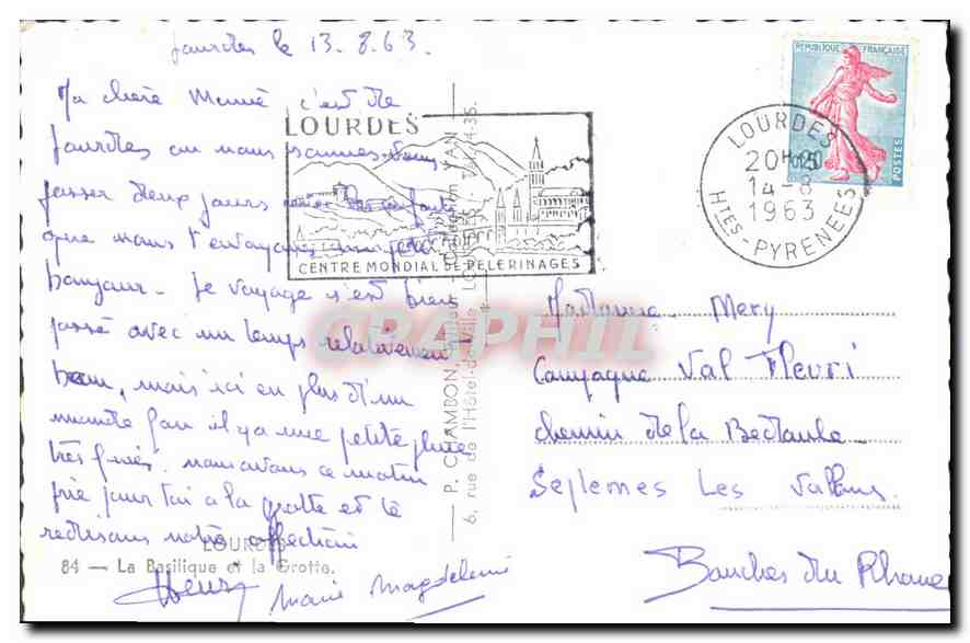 CPA Lourdes La Basilique et la Grotte  — Verso