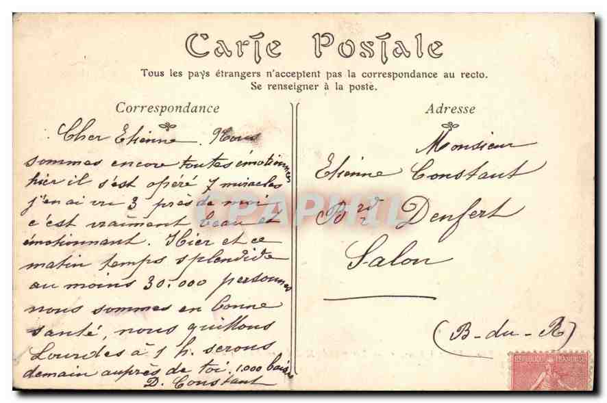 CPA Le Train Blanc a Loudres Lourdes Les Grands Malades en Prieres devant la Grotte Miraculeuse  — Verso