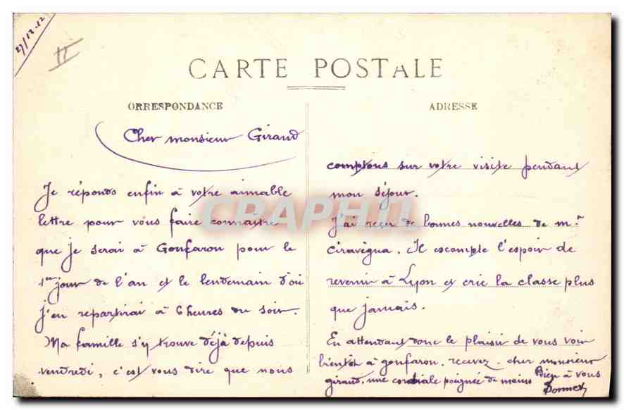 CPA Lyon Place de la Republique et Monument Carnot  — Verso