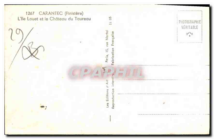 CPA Carantec Finistere l'Ile Louet et le chateau du Taureau  — Rückseite