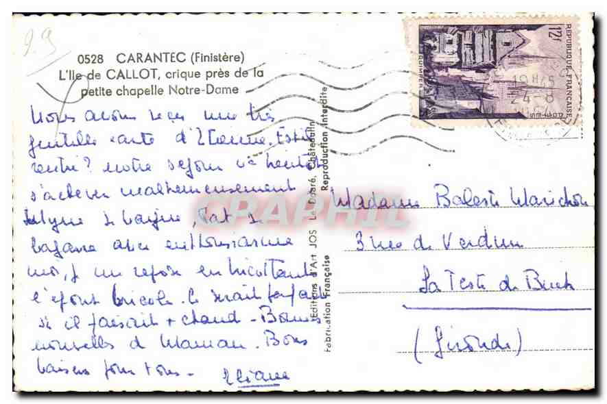 CPA Carantec Finistere l'Ile Callot crique pres de la petite chapelle Notre Dame  — Rückseite