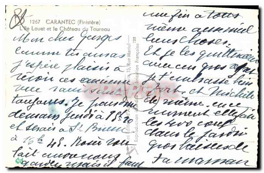CPA Carantec Finistere l'Ile et le chateau du Taureau  — Rückseite