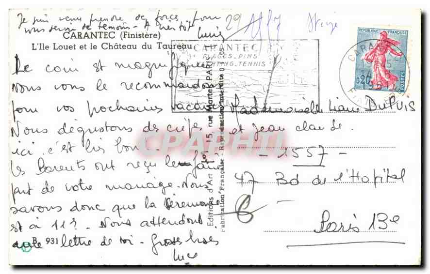 CPA Carantec Finistere l'Ile Louet et le chateau du Taureau  — Rückseite