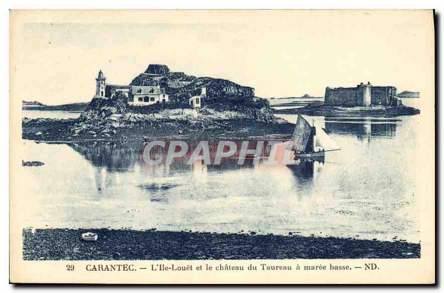 CPA Carantec l'Ile Louet et le chateau du Taureau maree basse 