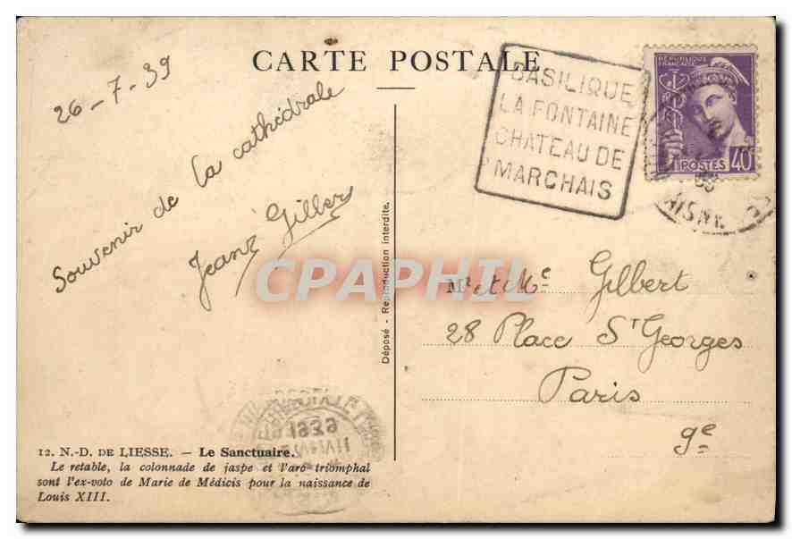CPA N D de Liesse le Sanctuaire le retable la colonnade de jaspe et l'aro triomphal sont l'ex Voto d — Rückseite