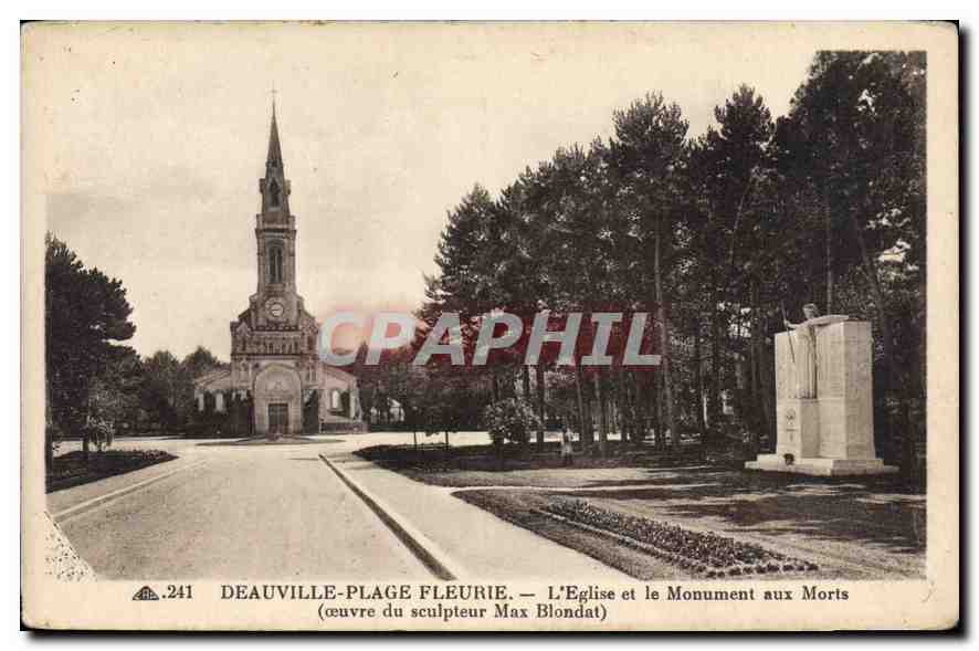 CPA Deauville plage Fleurie l'eglise et le Monument aux Morts Ceuvre du sculpteur Max Blondat 