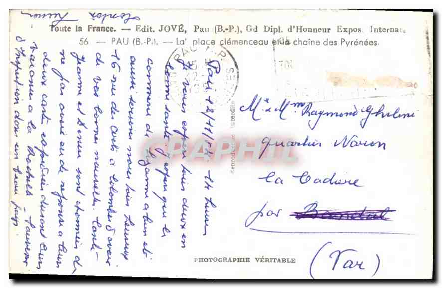CPA Pau B O la place clemenceau et la chaine des Pyrenees  — Rückseite