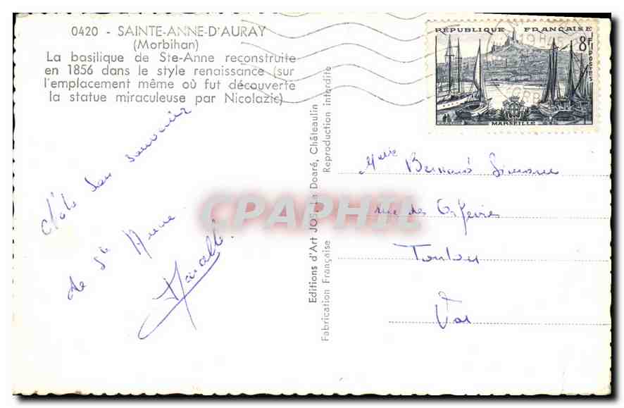 CPA Sainte Anne d'Auray Morbihan la basilique de Ste Anne reconstruite en 1856 dans le style renaiss — Verso