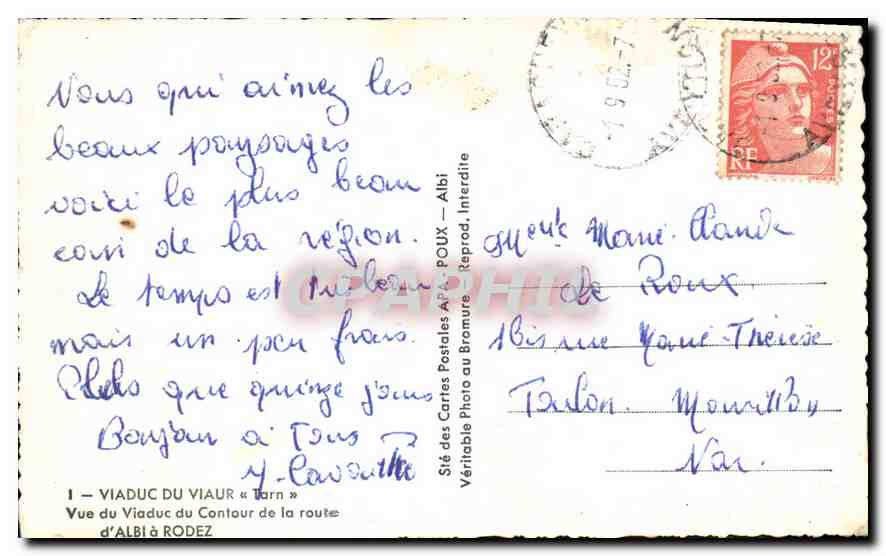 Viaduc du Tarn à Rodez — Vue du viaduc du contour de la route — Sté des Cartes Postales A. POUX, Interdite — Rückseite