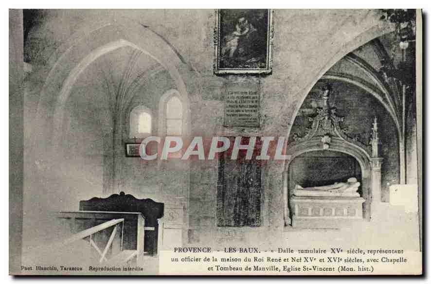 Les Baux - Grabstein des 15. Jahrhunderts, darstellend einen Offizier aus dem Haus des Königs René und Grabmal von Manville, Kirche St-Vincent (Mon. hist.)