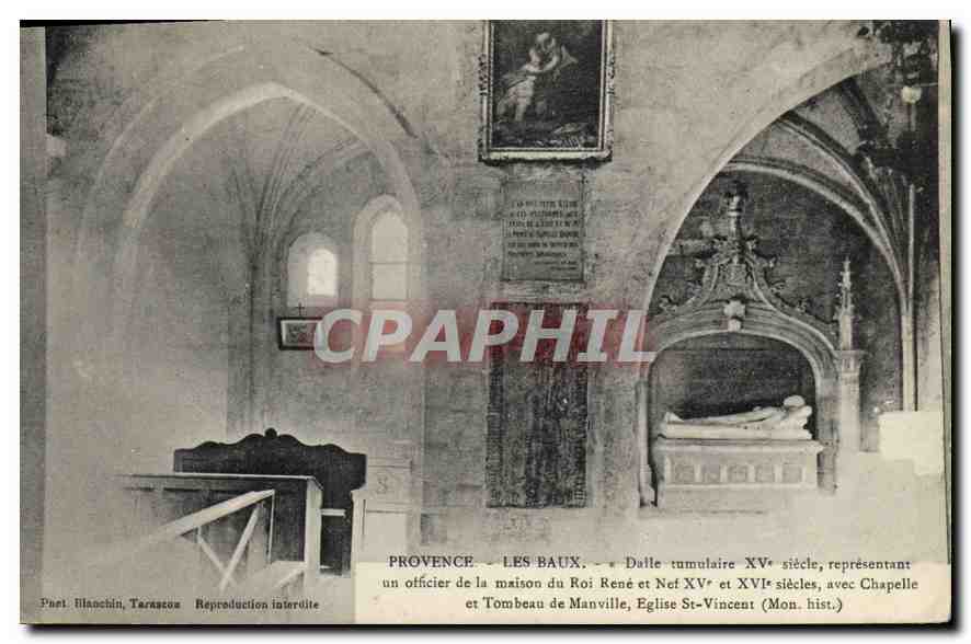 Les Baux - Dalle tumulaire XVe siècle représentant un officier de la maison du Roi René et Nef XVIe siècles, avec Chapelle et Tombeau de Manville, Église St-Vincent (Mon. hist.)