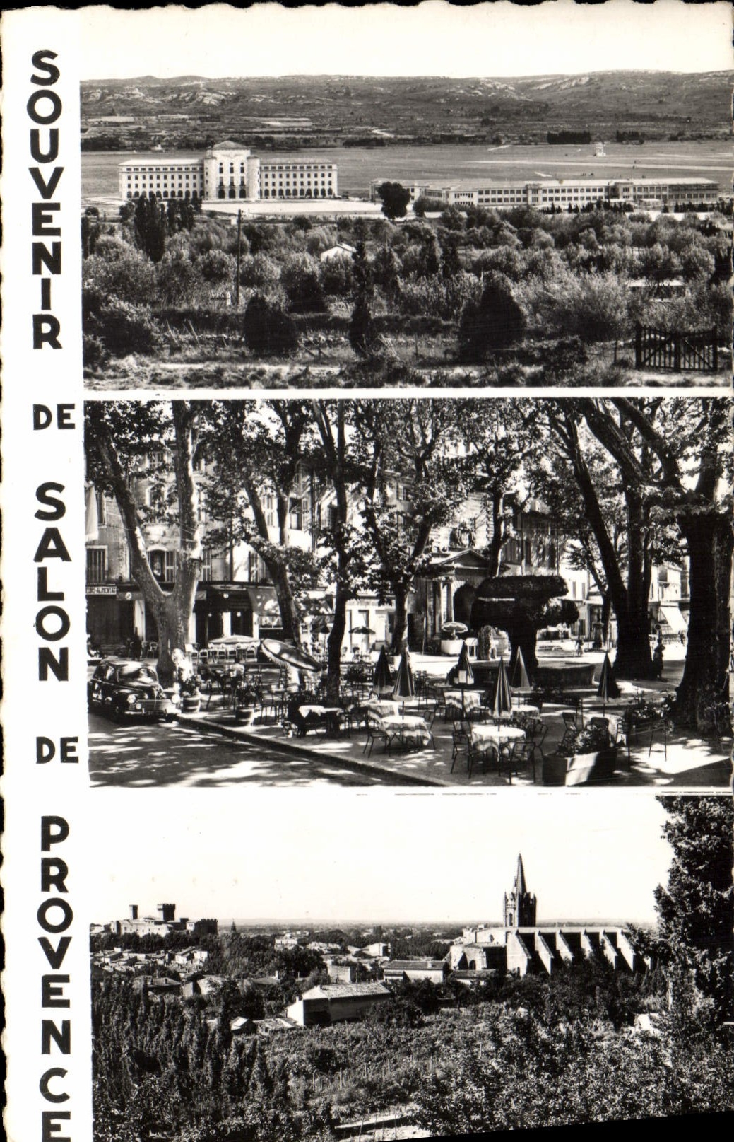 Salon-de-Provence — panoramic view and shaded square — Souvenir of Salon-de-Provence, publisher S.E.P.T. n° 61-45
