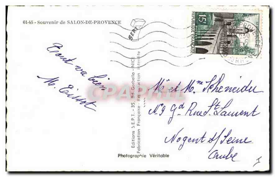 Salon-de-Provence — panoramic view and shaded square — Souvenir of Salon-de-Provence, publisher S.E.P.T. n° 61-45 — Back
