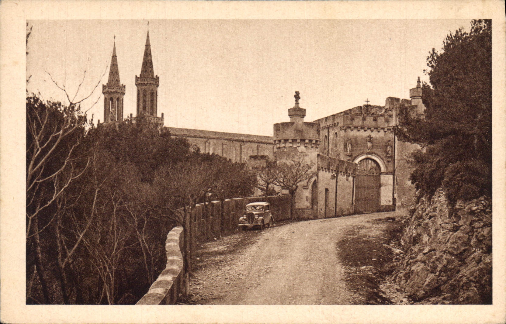 Saint-Michel-de-Frigolet — Arrival at the Abbey with its Crenellated Towers — Publisher Not Visible