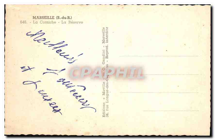 CPA Marseille ( B du R) La Corniche La Reserve — Verso