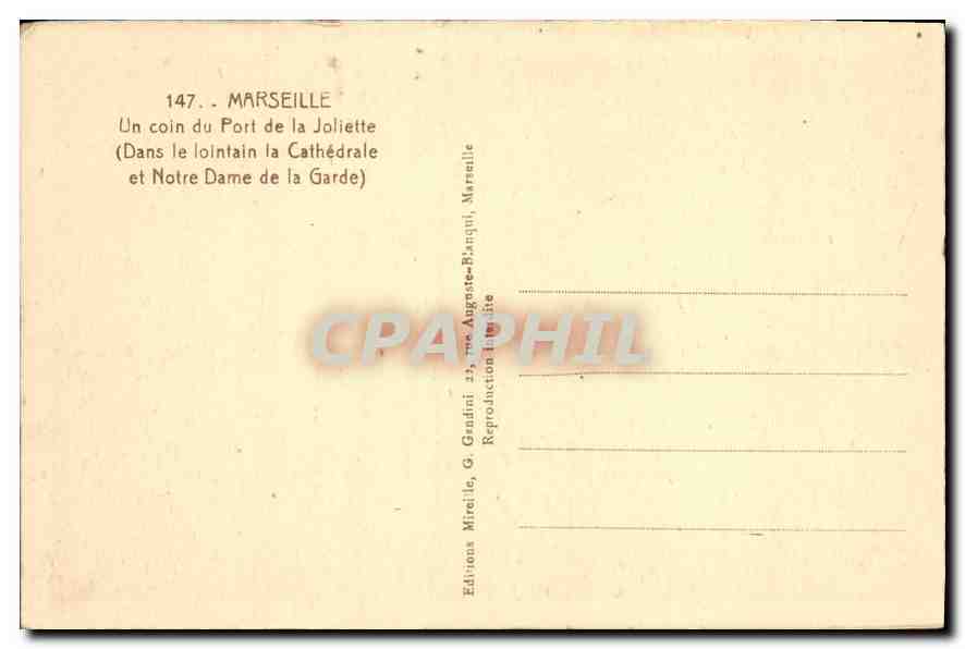 CPA Marseille Un coin du Port de la Joliette (Dans le Lointain la Cathedrale et Notre Dame de la Gar — Verso