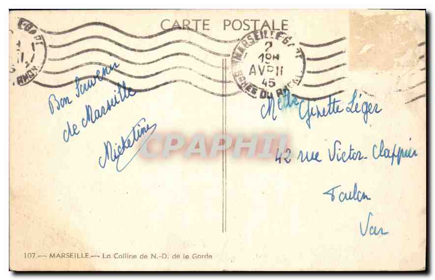 CPA Marseille La Colline de N D de la Garde — Rückseite