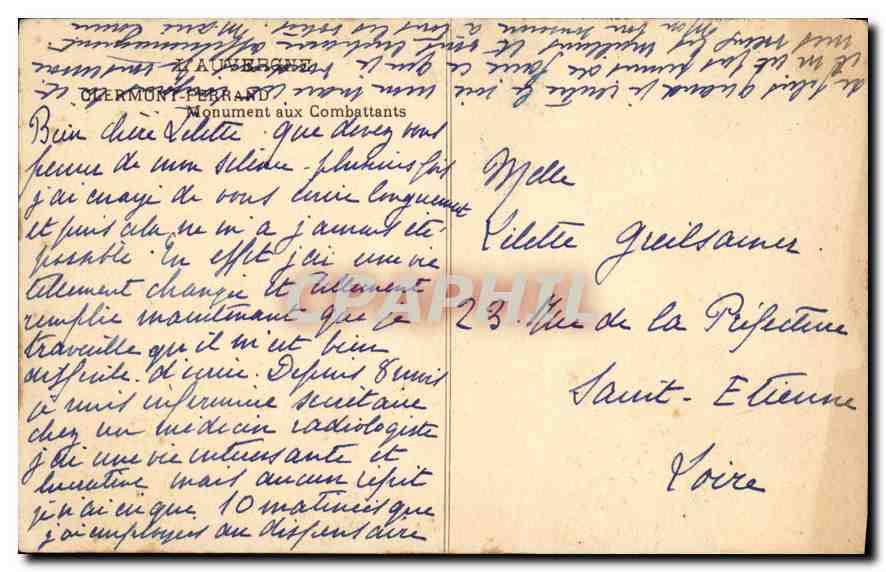 CPA Clermont Ferrand Monument aux Combattants  — Verso