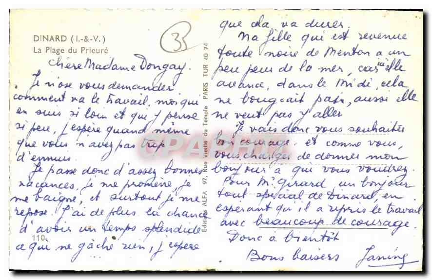CPA Dinard l et V La Plage du Prieure  — Rückseite
