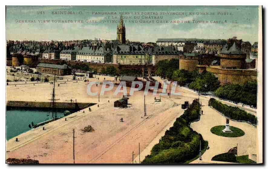 Saint-Malo — Panorama vers les portes St-Vincent et Grande Porte, la tour du château — Imp. Letellier, Paris