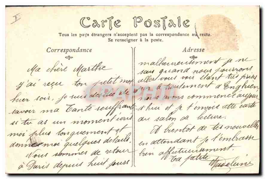 CPA Enghien les Bains L'Ile du Lac de la Princesse  — Verso