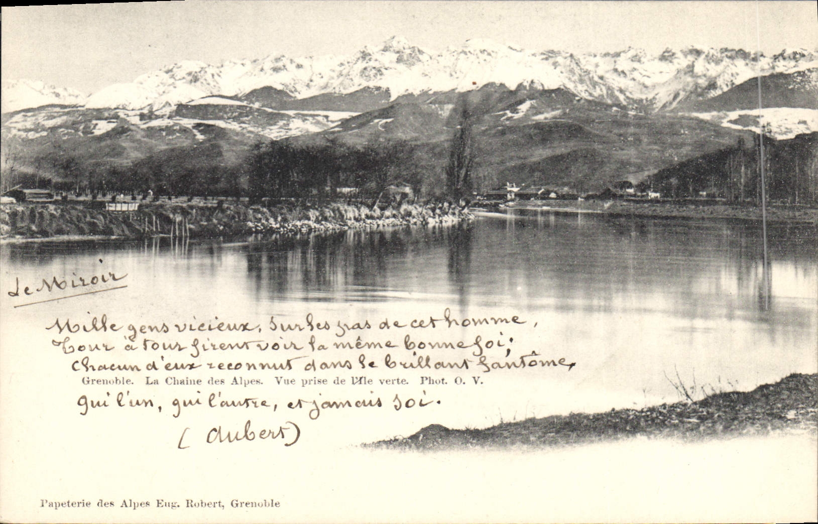 Le Noiroir — Vue prise de l'île verte, Chaîne des Alpes — Papeterie des Alpes Eug. Robert, Grenoble