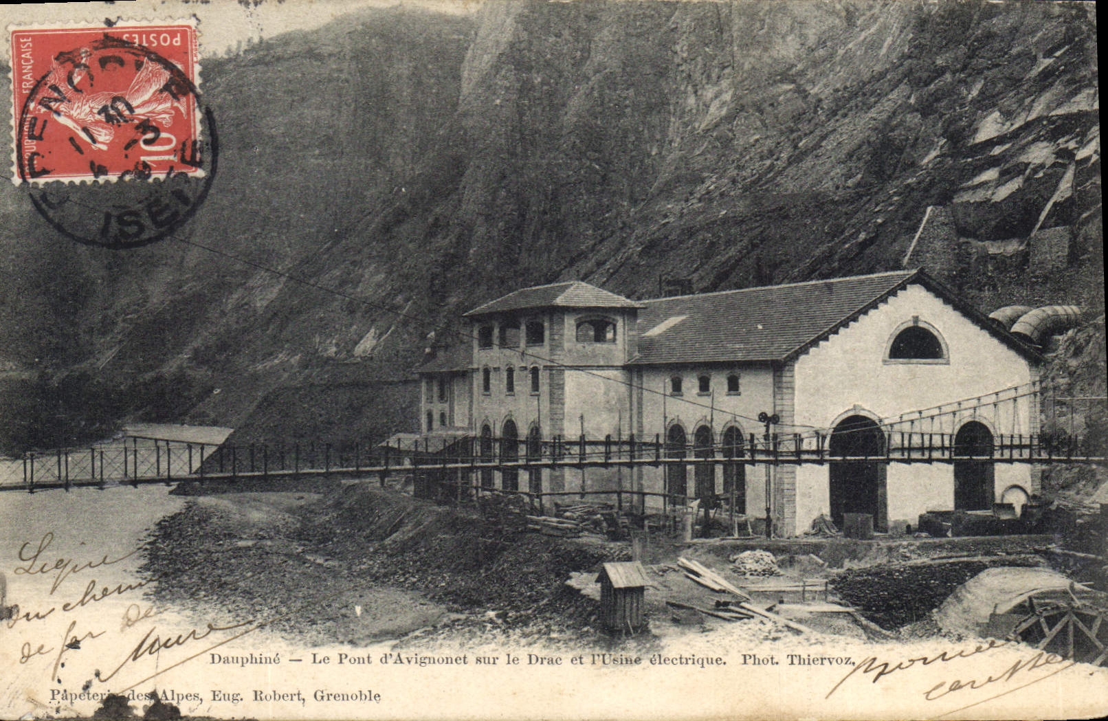 Dauphiné — Le Pont d'Avignonet sur le Drac et l'Usine électrique — Phot. Thiervoz, Pâpeterie des Alpes, Eug. Robert, Grenoble