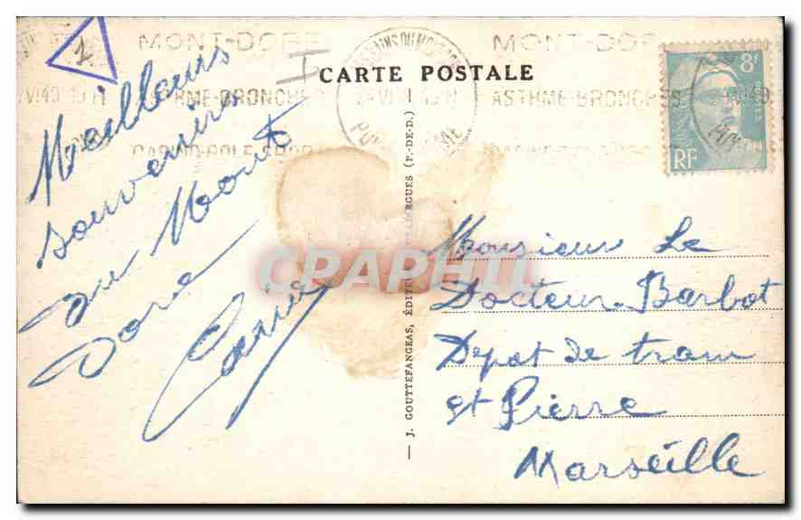 Le Mont-Dore — Parc du Casino — J. COUTTEFANGES, Éditeur — Verso