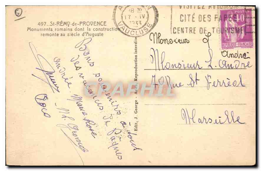 CPA St Remy de Provence Monumetn romains dont la construction remonte au siecle d'Auguste — Verso