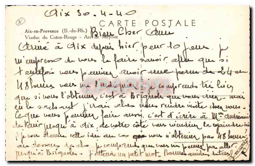 CPA Aix en Provence (B du Rh) Viaduc du Coton Rouge Arc de Meyran — Rückseite