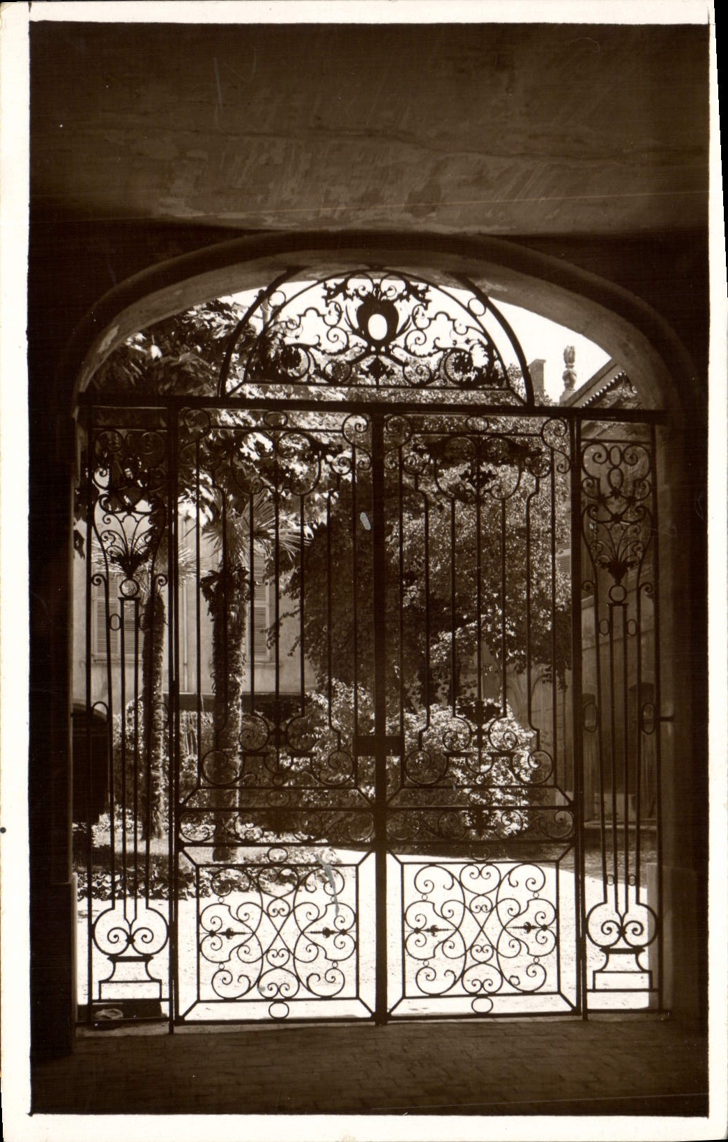 Porte en fer forgé ornée — jardin verdoyant — CPAPHIL