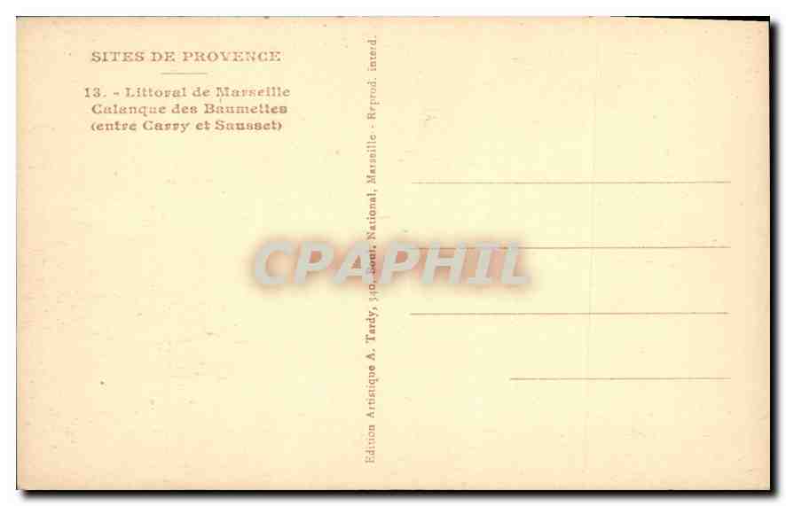 CPA Littoral de Marseille Calanque des Baumettes (entree carry et Saussel) Sites de Provence velo Cy — Verso