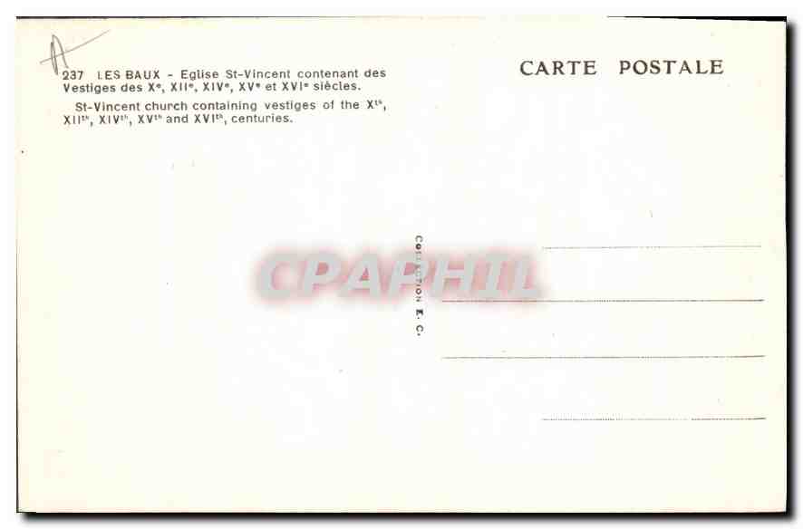 CPA Les Baux Eglise St Vincent contenant des vestiges des Xe XIIe XIVe XVe et XVIe siecles — Rückseite