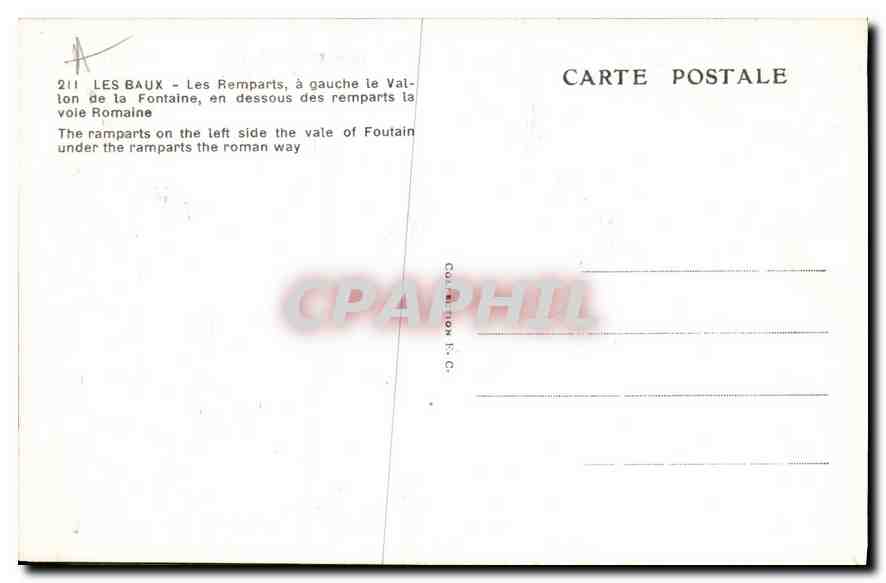 Les Baux - Les Remparts — vue des remparts et du Vallon de la Fontaine, éditeur non identifié, n° 211 — Verso