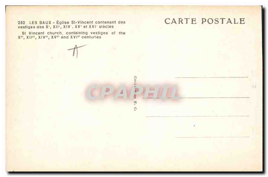 CPA Les Baux Eglise St Vincent contenant des Vestiges des Xe XIIE XIVe XVe et XVIe siecles — Verso