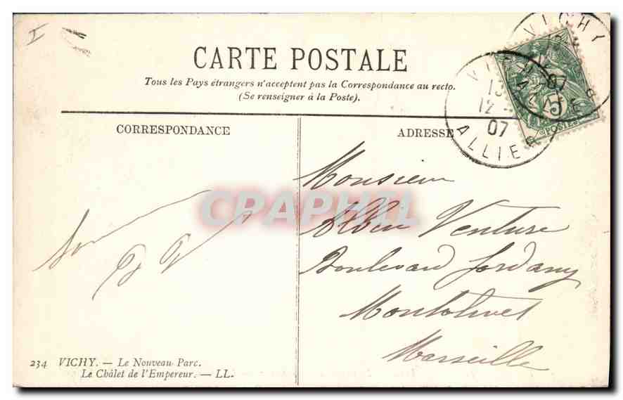 CPA Vichy Le Nouveau Parc Le Chatel de l'Empereur — Rückseite