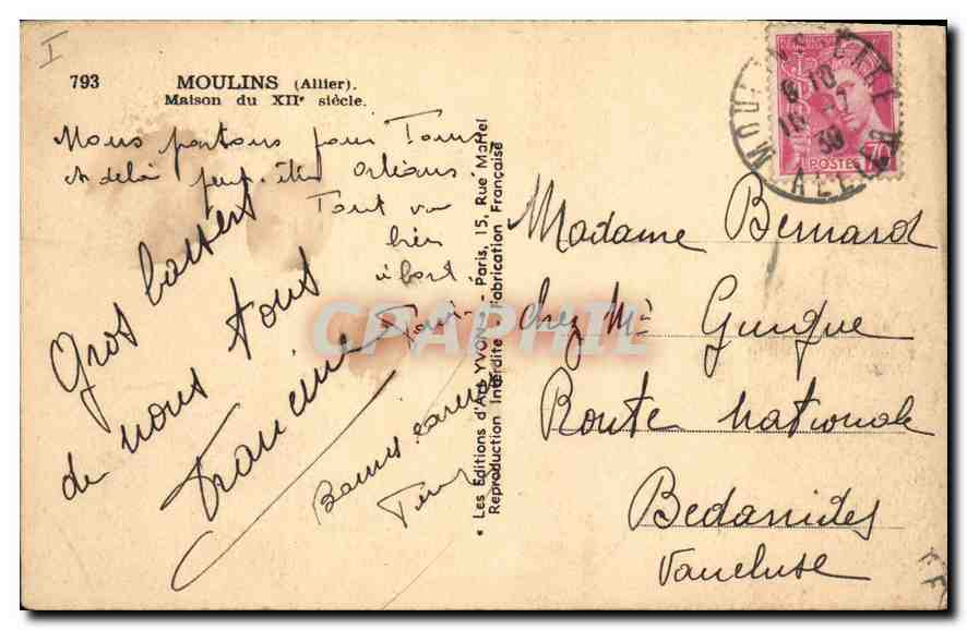 CPA Moulins (Allier) Maison du XII siecle Restaurant — Rückseite
