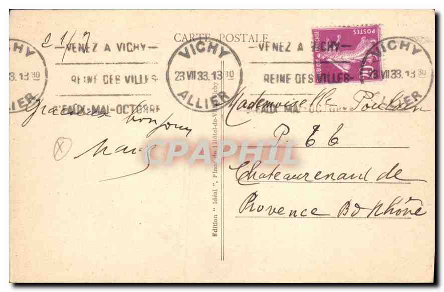 CPA Vichy La Pergola vers le Palais des Sources — Verso