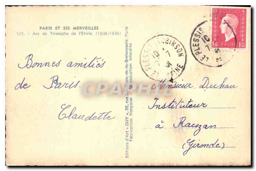 CPA Paris Arc de Triomphe de l'Etoile — Rückseite
