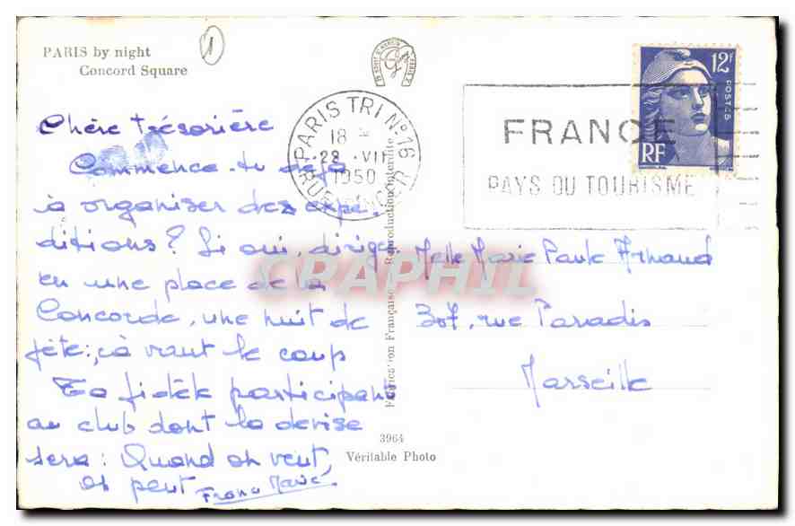 CPA Paris la nuit Place de la Concorde — Verso