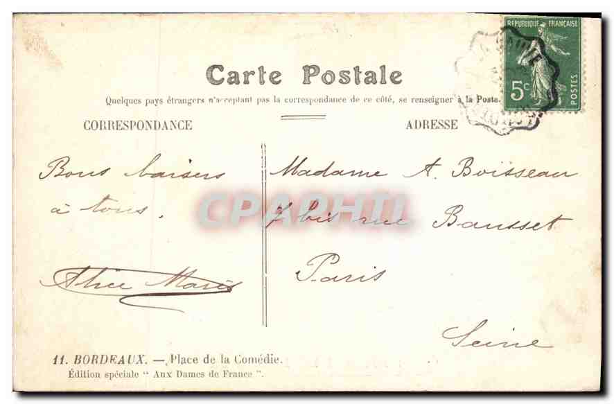 CPA Souvenir de Bordeaux Place de la Comedie — Verso