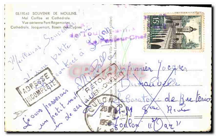 CPA Souvenir de Moulins Mal Coiffee et Cathedrale Vue aerienne Pont Regemortes — Verso